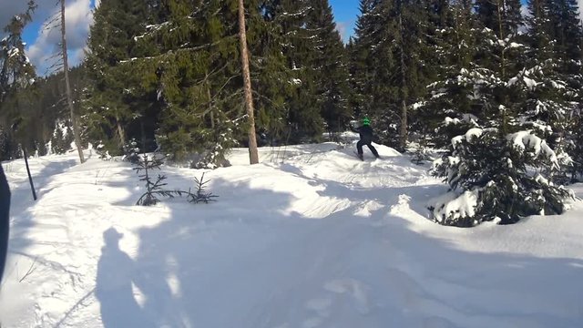 Child boy skiing through the forest. Adrenaline winter sport. Skiing between trees
