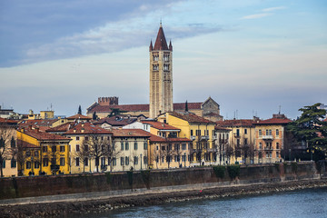 Obraz premium Beautiful panorama of Adige River waterfront in Verona, Italy.