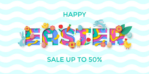 Vector Easter sale banner of paper cut text lettering with Easter papercut egg, bunny, chick and chiken and spring cherry and tulip flowers on blue wave pattern background for banner template