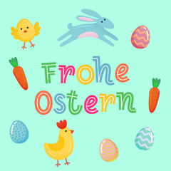 Happy Easter vector German cute banner with colored ornate eggs, cartoon chiken and Easter banny, rabbit on green paper background. Funny Easter poster, banner template for joy fun family celebration
