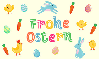 Happy Easter vector German cute banner with colored ornate eggs, cartoon chiken and Easter banny, rabbit on yellow paper background. Funny Easter poster, banner template for joy fun family celebration