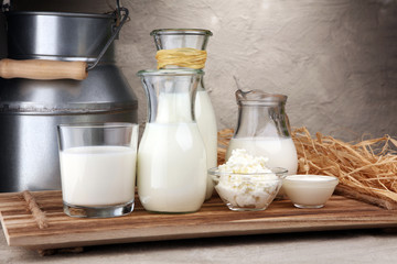 milk products. tasty healthy dairy products on a table on