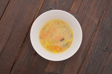 Vegetable soup with buckwheat on a table