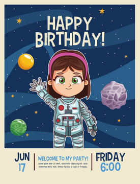 Happy Birthday Invitation Card, Astronauts Kids Cartoons Vector Illustration Graphic Design Childhood Space Party