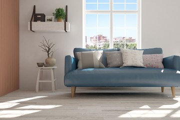 Idea of white minimalist room with blue sofa. Scandinavian interior design. 3D illustration