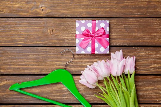 Tulips and gift box with hanger