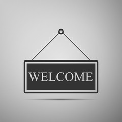 Hanging sign with text Welcome icon isolated on grey background. Business theme for cafe or restaurant. Flat design. Vector Illustration