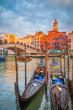 Canal Grande with Gondolas and Rialto Bridge at sunset, Venice, Italy