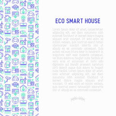 Fototapeta na wymiar Eco smart house concept with thin line icons: solar battery, security, light settings, appliances, artificial intelligence, mobile app control. Energy saving and new technologies vector illustration.