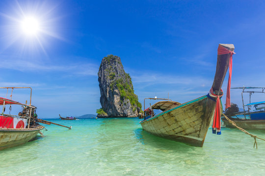Wooden boat for tourist in Thailand sea travel Phiphi Phuket krabi island in summer season concept