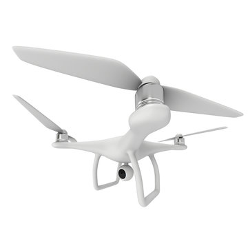 Remote control air drone. Dron flying with action video camera. 3d render Isolated on white background.