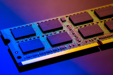technology cyber electronic concept. cpu ram computer on blue light background