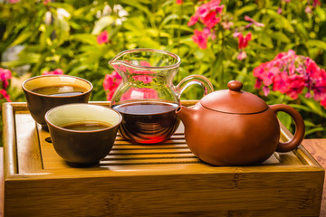 Hiking set for Chinese tea on the table - case for utensils
