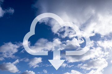Cloud download icon visualisation with blue sky and clouds, mobile data stored and downloaded from...