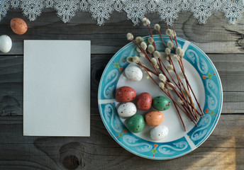 Colorful easter eggs and pussy willow, spring holidays concept