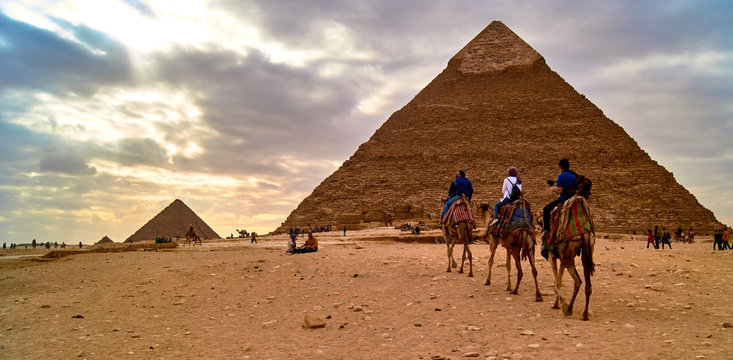 Three tourists are riding camel and moving to the pyramid