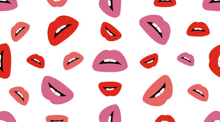 Seamless kiss and love background. Seamless pattern, print of pink and red lips, flat vector illustration. Kiss pattern white on background.