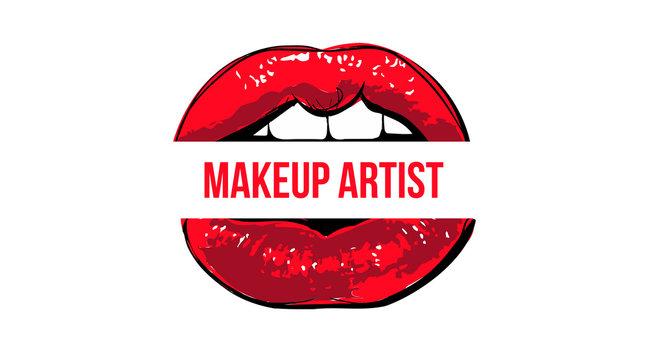 Makeup artist business card template with open red lips. Idea for business visit card for makeup artist, typography vector. Stylish salon look. Perfect for invitation, greeting card, poster, print etc - Powered by Adobe