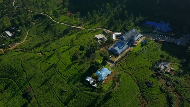 Aerial view of blue house at tea plantation in Sri Lanka drone footage