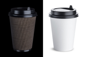 Disposable paper cup isolated on white and black backgrounds