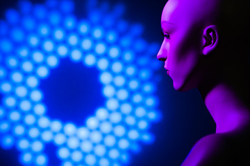 Mannequin woman. Bald woman. Artificial intelligence. Robot. Cyber girl. Development of artificial intelligence. Robotics. A woman is a robot. The girl is a robot.