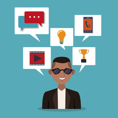 Man with social media bubbles vector illustration graphic design
