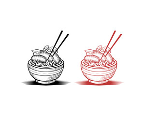 Asian Food - Rice and Meat with Vegetables on the Bowl with Chopsticks Hand Drawing Symbol Logo Vector