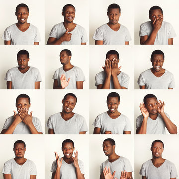 Set of black man's portraits with different emotions