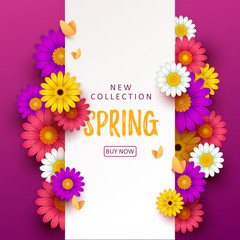 Obraz premium Colorful spring background with beautiful flowers. Vector illustration