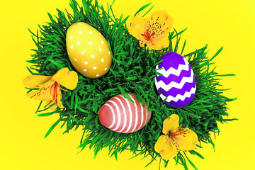Happy Easter Day. Colorful tradition easter eggs lying on green grass with spring's flowers on yellow background