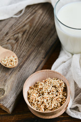 sesame milk sesame seed in a glass on wooden background, concept of healthy eating, organic food, gluten-free and aslacton vegetable milk.