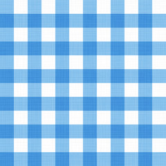 Vector linen gingham checkered blanket tablecloth. Seamless white blue cloth table pattern background with natural textile texture. Retro country fabric material for holiday breakfast or dinner picnic - obrazy, fototapety, plakaty
