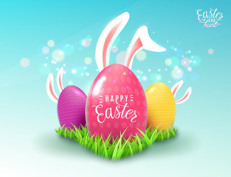 Easter background with green grass, color decorate eggs, easter bunny ears
