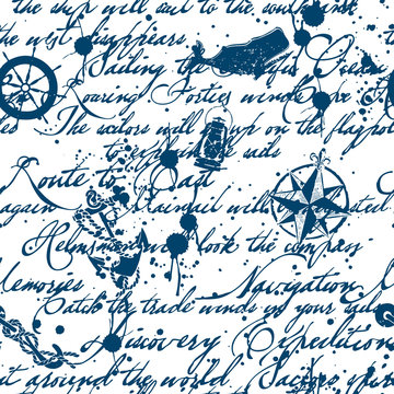 Grunge vintage ink lettering and marine elements, vector seamless pattern