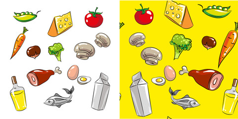 Vector food and drink icon set and seamless pattern