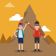 Mountaineering couple team cartoon vector illustration graphic design