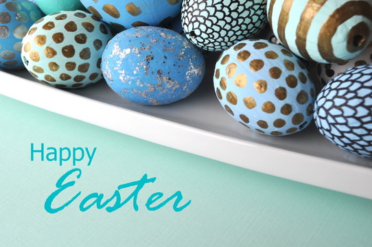 Decorated Easter eggs mint blue gold turquoise happy Easter lettering sign