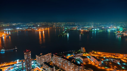 Fototapeta premium Aerial view of the Osaka Bay harbor area at night