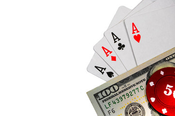 Four aces, money, dollars, poker chips. on a white background