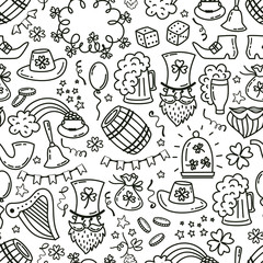 St patrick day irish seamless pattern. Holiday symbols - irish hat, green beer, horseshoe, pot with golden coins,flags on white background.Hand draw doodle style vector illustration.