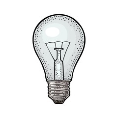 Glowing light incandescent bulb. Vector vintage engraving on white background