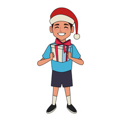 Boy with giftbox and christmas hat icon vector illustration graphic design