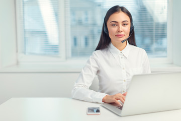 Support phone operator in headset at workplace