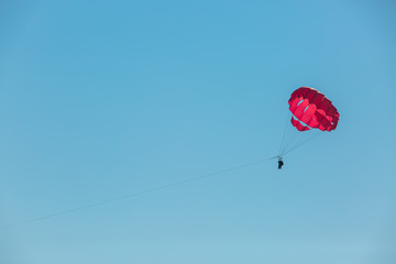 Skydivers flying high in the blue sky