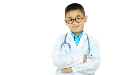 Fototapeta premium Portrait of Asian boy doctor on white background 