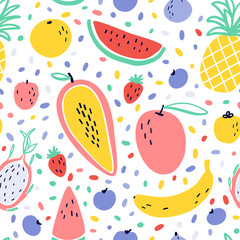 Vector tropical fruit background with pineapple, mango, watermelon, dragon fruit, Pitaya, banana, papaya. Summer exotic fruit seamless pattern with memphis style elements
