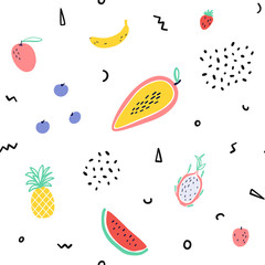 Vector tropical fruit background with pineapple, mango, watermelon, dragon fruit, Pitaya, banana, papaya. Summer exotic fruit seamless pattern with memphis style elements