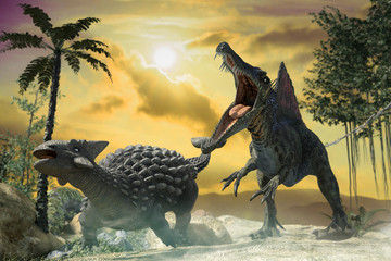 3D Illustration of a battle between two prehistoric dinosaur
