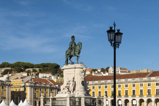 View of the D. Jose Statue at the Comercio Square (Praca do Comercio) in the city of Lisbon, Portugal