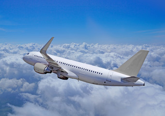 Fototapeta na wymiar Passenger aircraft flies over clouds, the whole silhouette